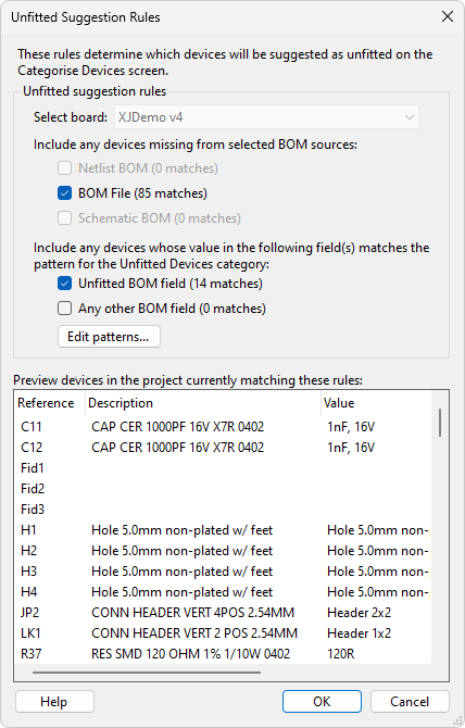 Unfitted rules dialog