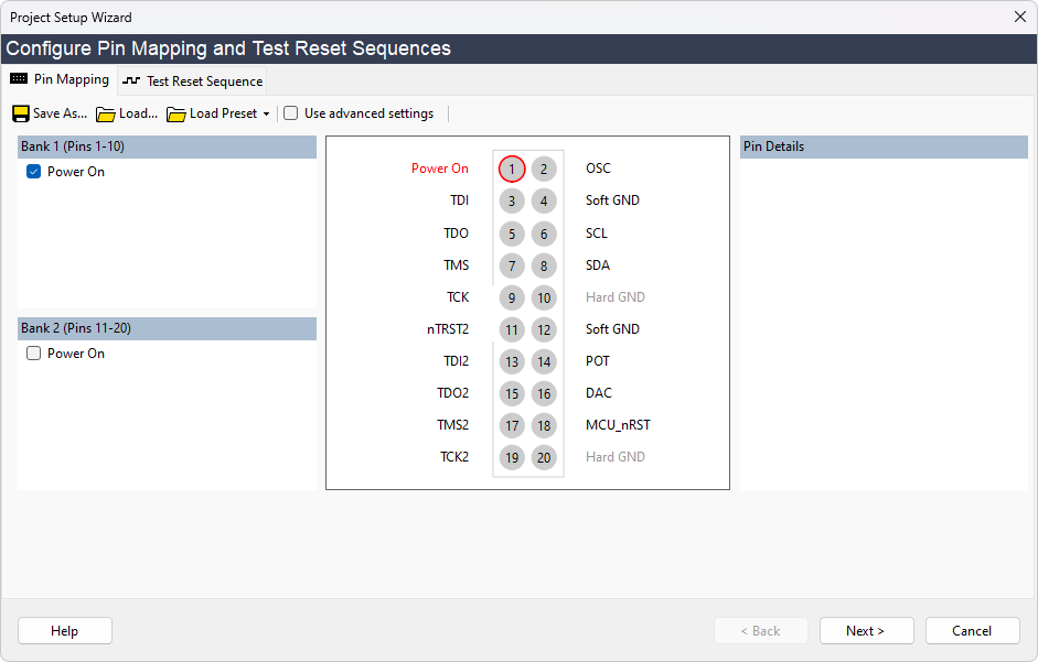 Project Setup Wizard - Power, Pin Mapping and Test Reset Sequence Setup