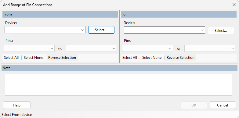Add Range of Pins Connections pop-up window