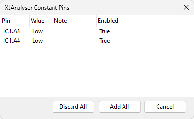 Importing constant pins from XJAnalyser