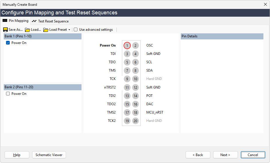 Manually Create Board Wizard - Power, Pin Mapping and Test Reset Sequence Setup