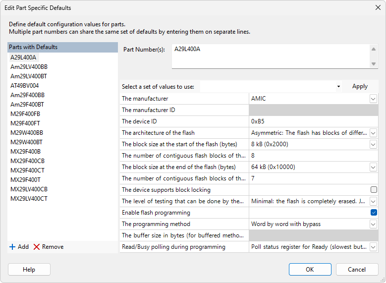Edit Part Specific Defaults Dialog