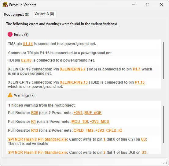 Variant errors and warnings dialog