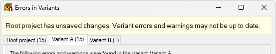 Variant errors and warnings unsaved changes
