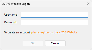 XJTAG Website Logon Dialog