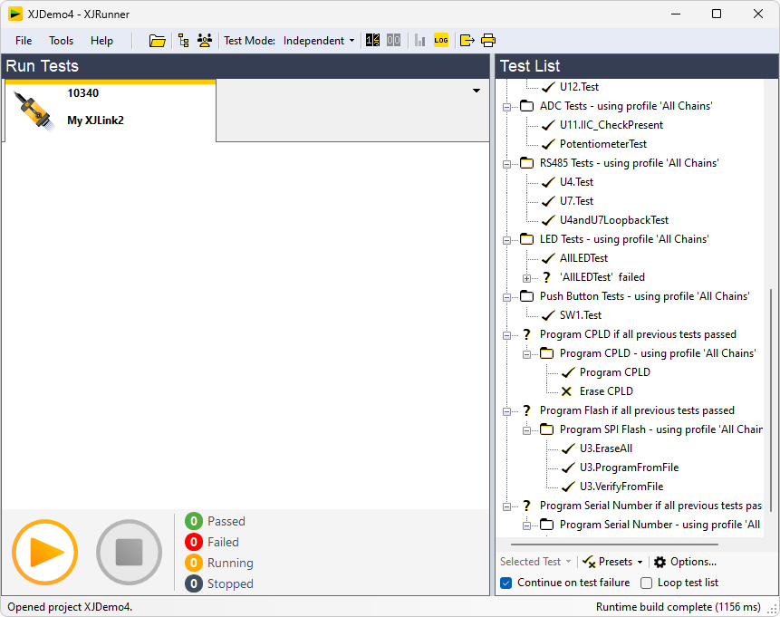 Run Tests screen (user with Enhanced Testing privilege)