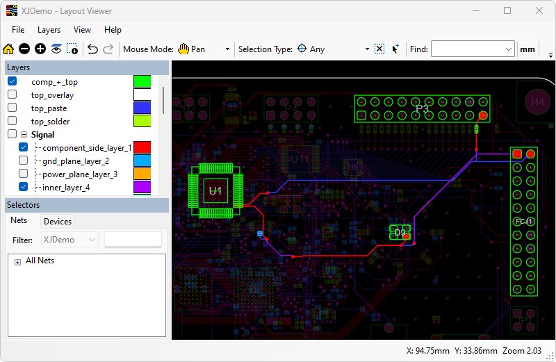 Layout viewer showing JTAG short